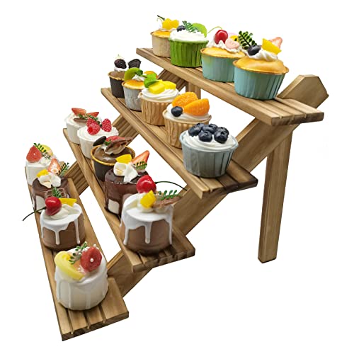 4-Tier Rustic Wood Plant Stand, 12 Inch Tall Collectible Riser Stand， Wooden Retail Cake Stand Display Table. Product, Food, Dessert, Cookie, Merchandise, Donut, Craft Show Tabletop Riser #TOP1
