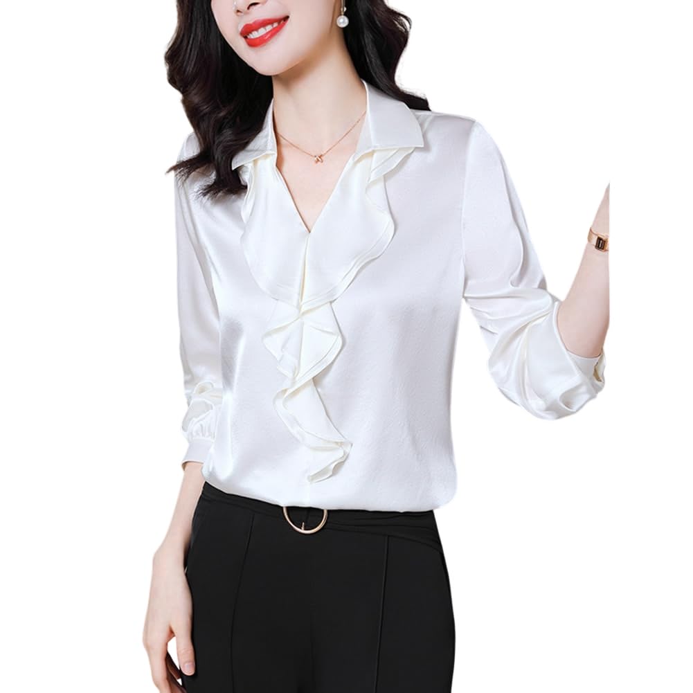 DISSA Chemise Soie Devant Volanté Col V Manches Longues