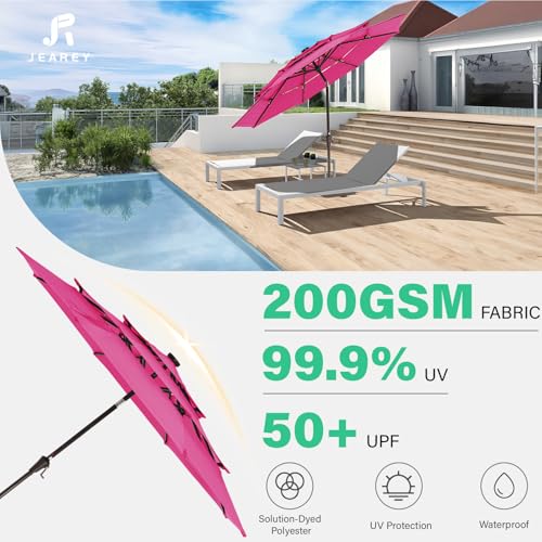 Image of JEAREY 3 Tiers Patio Umbrella with Solar Lights 9ft Outdoor Market Table Umbrellas with Push Button Tilt for Outside Pool Garden, Pink