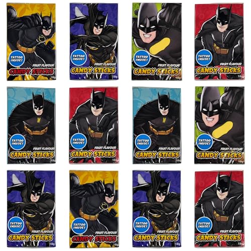 Candy Sticks with Tattoos 12 Pack | Fruit Flavour Sweets | Superhero Design 18g Packs | Party Bag Fillers Kids Treats Retro Candy