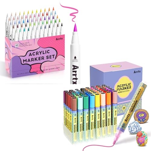 Arrtx Paint Markers Paint Pens, Acrylic Paint Pens for Artists Adults Coloring Drawing Cartoon Anime Comic - 60Pcs Brush Tip& 48Pcs 3mm Medium Tip Paint Markers