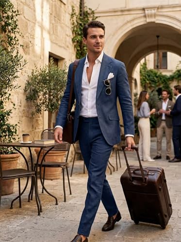 Image of Men's Linen Suit 2 Piece Slim Fit Summer Beach Wedding Prom Party | Breathable,Linen Blazer Suit Set,for Beach Weddings,Groom Wear,Prom and Outdoor Parties,Business Casual,Vacation Daily Wear