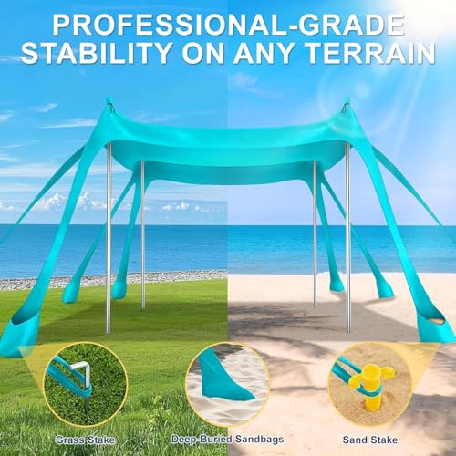 Toldo de playa turquesa UPF 50+ de tres metros con sistema de anclaje multiple de alta estabilidad 5