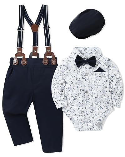 Image of WESIDOM Baby Boy Clothes 0-18M Newborn Infant Gentleman Outfit, Shirt+Bowtie+Beret+Suspender Pant Baby boy Suit Clothing Set