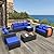 Patio Wicker Furniture Set 7 Pieces Outdoor Black Rattan Conversation Seat Couch Sofa Chair Set with Royal Blue Cushion and Furniture Covers