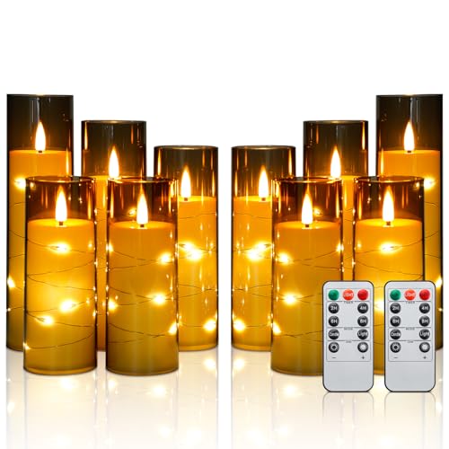 Image of Enido Flameless LED Candles with Remote & Timer, Battery Operated Acrylic Pillar Set, 10 Pc Flickering Electric Lights with Embedded Star String for Cozy Home & Holiday Romantic Decor (Matte Grey)