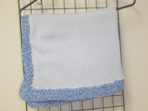 Bk601, Knitted on Hand Knitting Machine Blue Cotton 31” By 45” Blanket Trimmed By Hand Crochet with Denim Chenille for Newborns and Infants