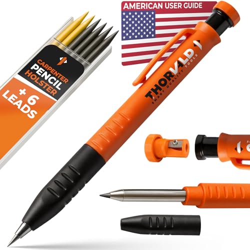 THORVALD New 3-in-1 Carpenter Pencils with Finger Grip for Construction - Incl. 7 Leads + Sharpener - Solid Mechanical Pencils with Fine Point/Best Marking tools Construction/Carpenters/Scriber