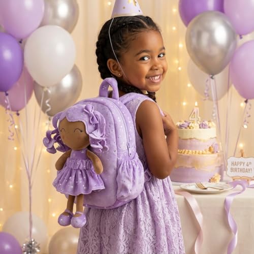 Image of Gloveleya Toddler Backpacks Baby Girl Gifts Curly Hair Plush Figures Dress Backpack - Silver Heart Accents in Deep Purple 11''