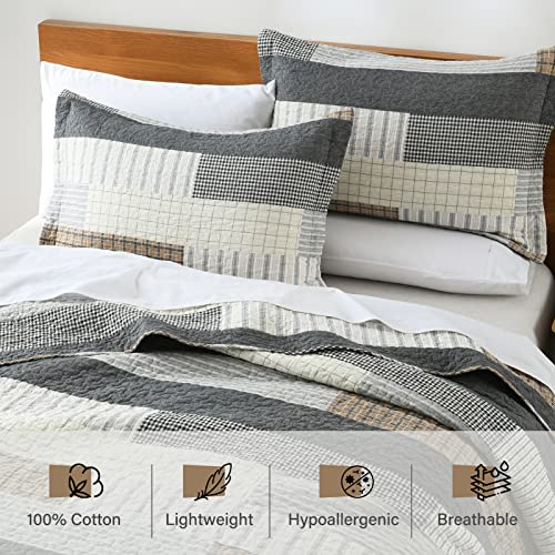 Perhom Quilt Queen Size - 100% Cotton Queen Quilt Sets, Cozy Patchwork Plaid Queen Size Quilt Bedding Set, Grey Brown Beige Lightweight Rustic Farmhouse Reversible Queen Bedspreads For All Seasons #TOP3