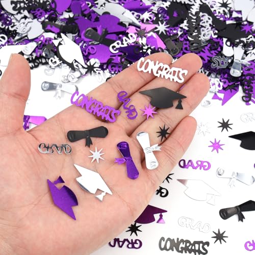 Image of Silver Purple and Black Graduation Confetti 2026, 1000 Pcs Class of 2026 Table Centerpiece Grad Confetti for 2026 Graduation Party Decorations Supplies