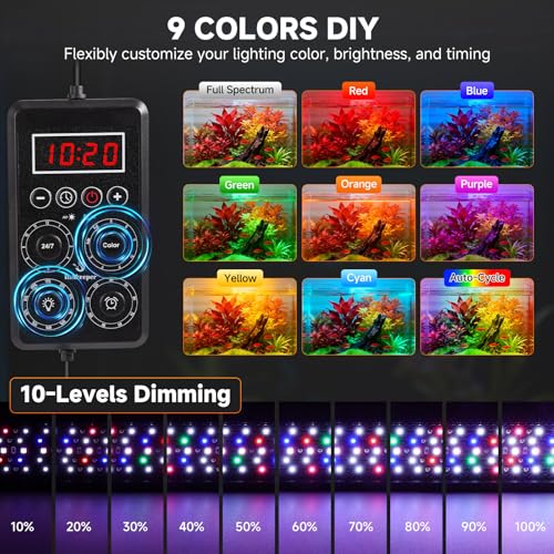 fishkeeper Smart LED Aquarium Light with One-Button Real-Time Sync, 24/7 Mode Full Spectrum Fish Tank Lights, 9 Colors DIY, 9 Timer, 10 Brightness IP68 Waterproof Aquarium Plant Light for 12-18 inch
