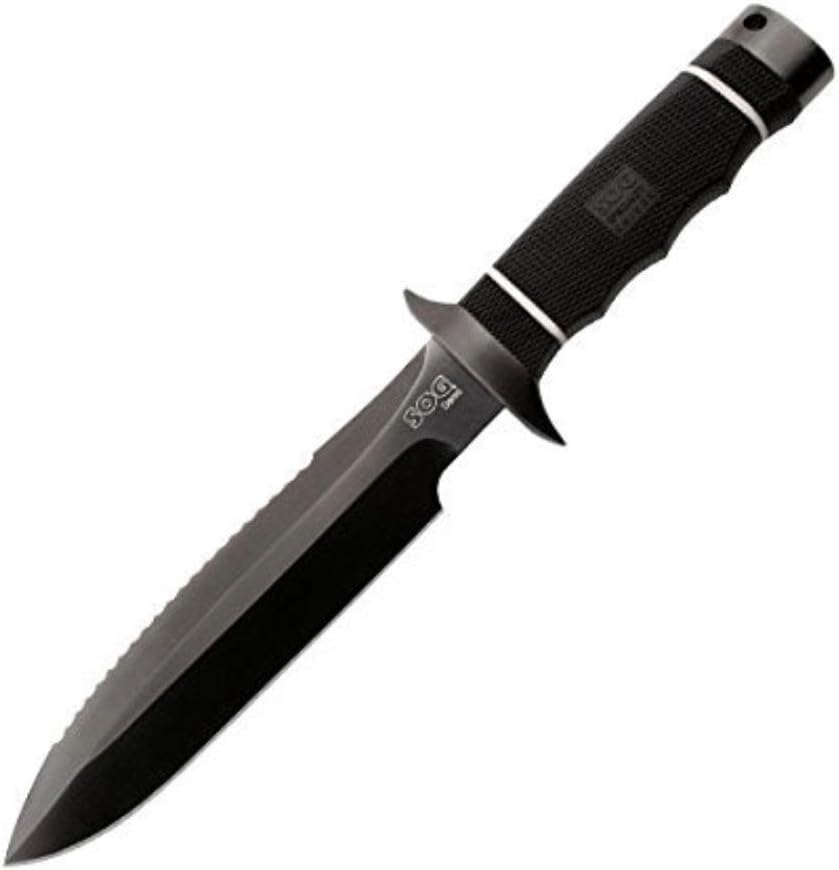 SOG Demo Fixed Blade SSD01-L - Black TiNi, Dual Edged 7.25" Blade, TPR Handle, Leather Sheath