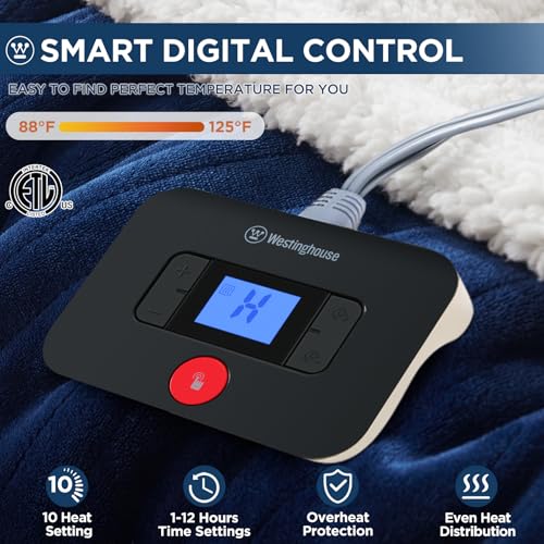 Westinghouse Electric Blanket Full, Heated Blanket Full Size with 10 Heating Levels and 1 to 12 Hours Heating Time Settings, Flannel to Sherpa Reversible, Machine Washable (80" x 84", Navy)