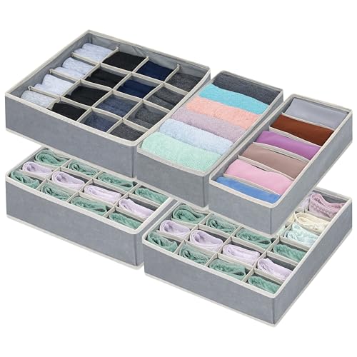 Winter Shore Organizador Gris con Separador Cajones (Pack de 5) - Organizador Cajones de Tela para Calcetines, Corbatas, Ropa Interior, Pañuelos, Cinturones - 76 Compartimentos - Cubos Plegables