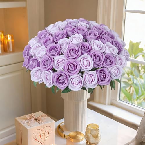 Image of 50 PCS Purple Roses Artificial Flowers, Fake Roses with Stem Realistic Silk Roses for DIY Wedding Bouquets Table Centerpieces Arrangements Baby Shower Birthday Home Decor Valentine's Day Gift for Her