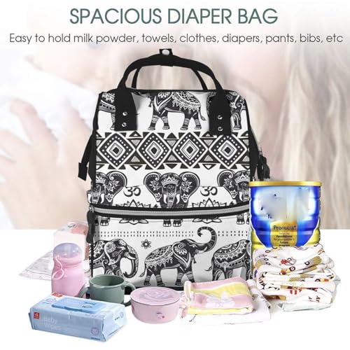 Sac à langer imprimé éléphant bohémien sac à dos étanche multifonction noir - 5