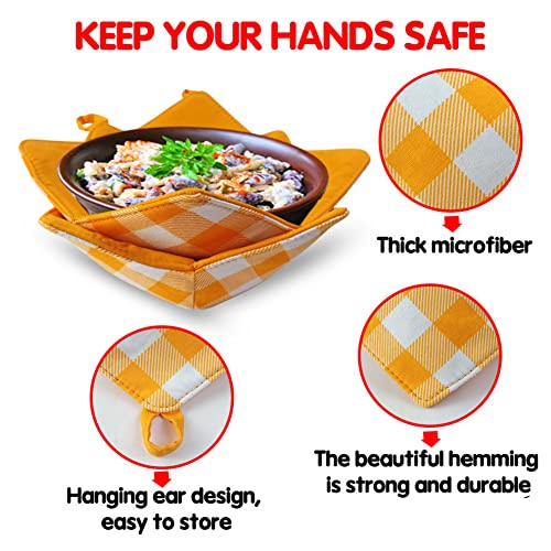 4 Pcs 2 Sizes Bowl Holder Microwave Safe Bowl Pot Holder Plaid Grid Heat Resistant Bowl Huggers Polyester Sponge Bowl Hot Pads Bowl Cozies For Soup, Rice And Pasta Bowls(Orange White Plaid) #TOP2