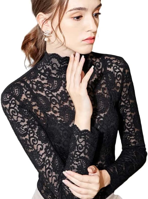 Women's Sexy Slim Fitting Long Sleeved Turtleneck Pullover Bottom Shirt Mesh Lace Perspectives T-Shirt Top - Image 5