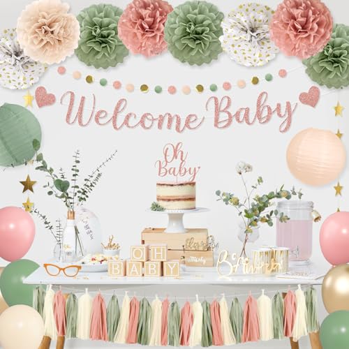 Amandir Girl Baby Shower Decorations Pink Sage Green Balloons Welcome Baby Banner, Cake Topper, Paper Lanterns, Pom Poms Flowers Tassels, Circle Dots Star Garland Gender Reveal Birthday Party Supplies by Amandir - Used condition - Image 7