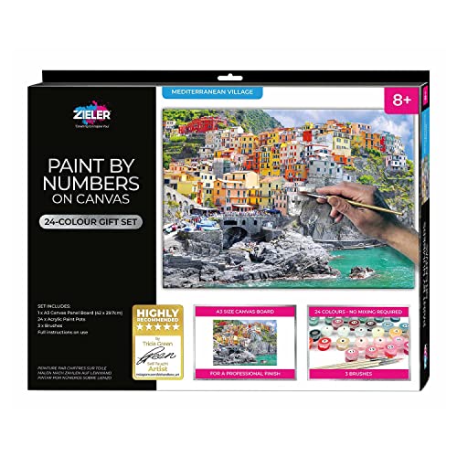 Pintura por números Zieler Pueblo Mediterráneo en lienzo A3 con 24 colores y 3 pinceles