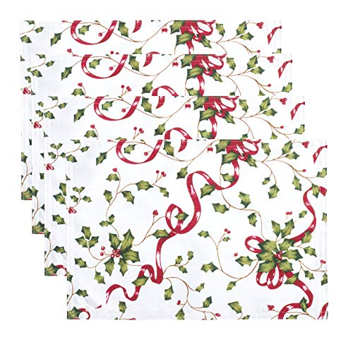 Fennco Styles Holiday Holly Collection Classic Holly Berry Ribbon 13 x 19 Inch Placemats, Set of 4 – Multicolor Place Mats for Christmas Dinner, Family Gathering, Special Events and Home Décor