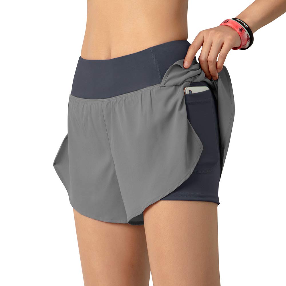 LIXADA Femmes 2-en-1 Short de Course avec Poche Large Ceinture Double Couche Doublure Couche de Couverture Sportswear pour Se prélasser Sport Yoga Athlétique d'entraînement