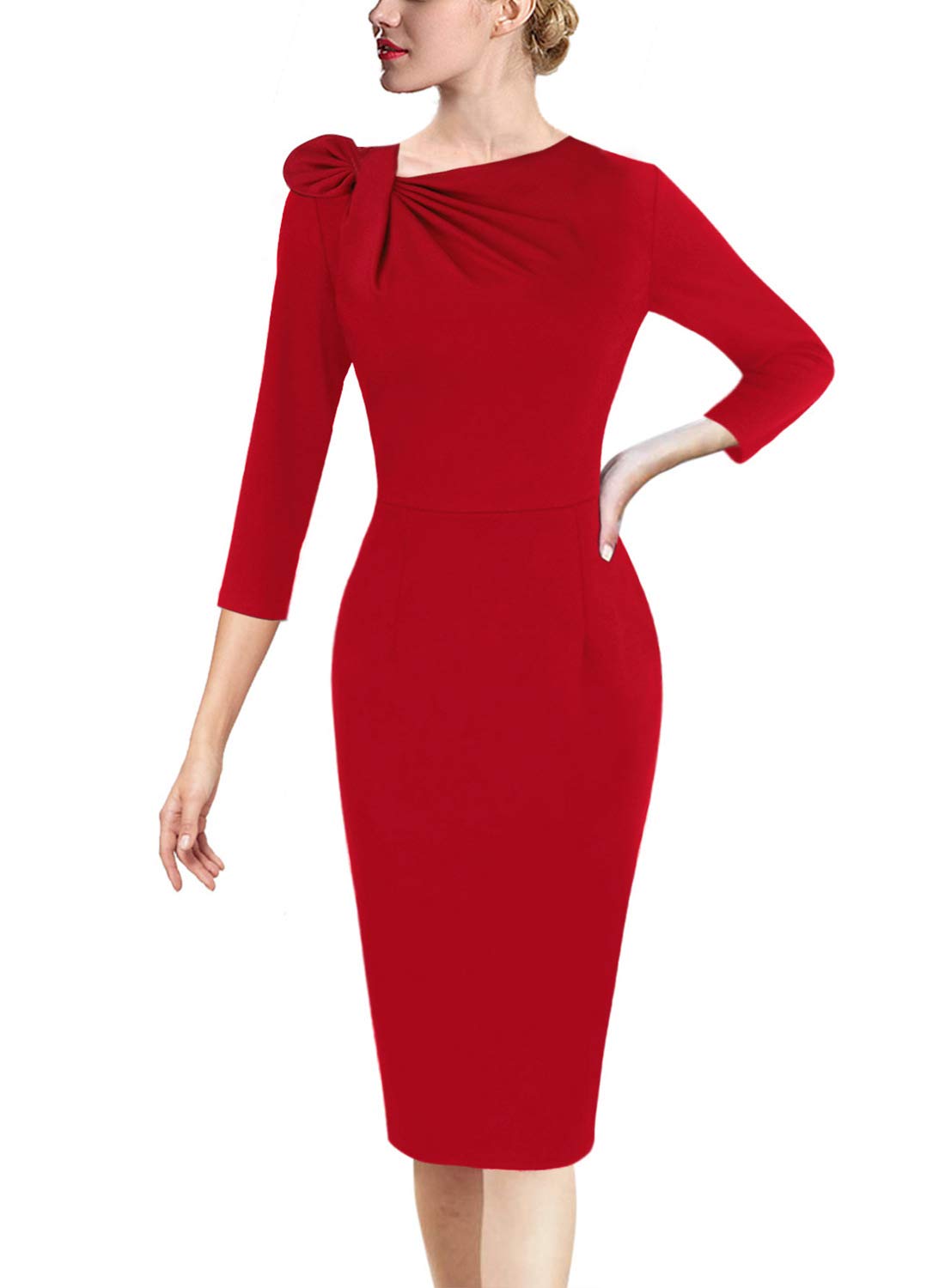 VFSHOW Womens Pleated Asymmetric Bow Neck Work Business Office Pencil Dress