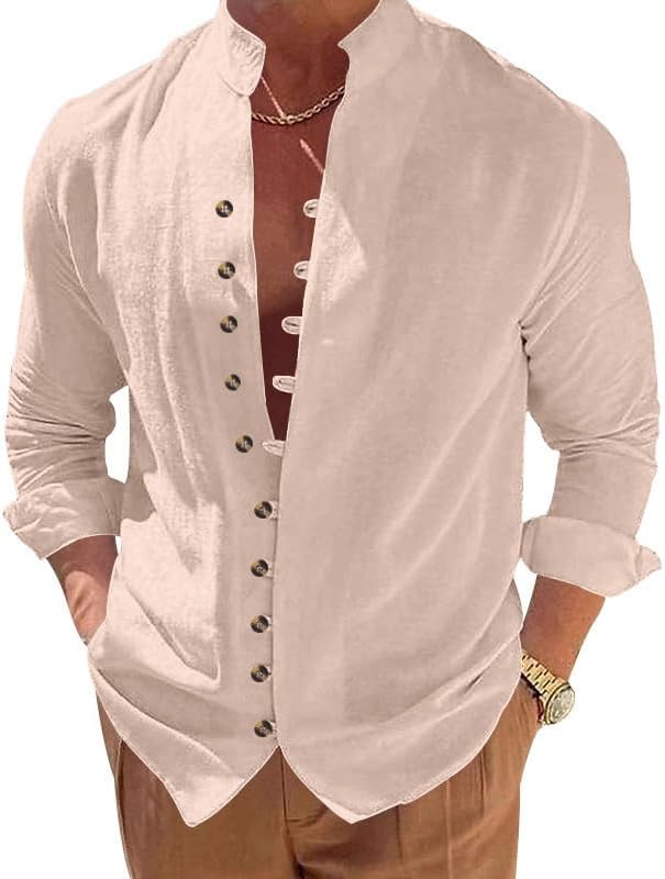 Men's Retro Casual Shirt - Long Sleeve Button Down Stand Collar Loose Fit Plain Shi...