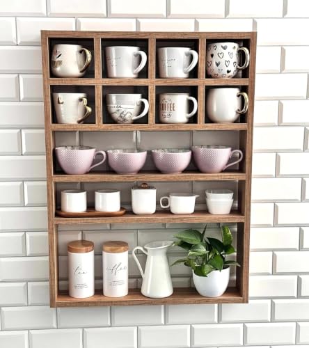Image of Hamdan Collection Wall Mounted Mug Shelf - Coffee Cup Storage - Kitchen Wall Rack - Floating Cup Organizer - Rustic Coffee Bar Shelf (11 Com)