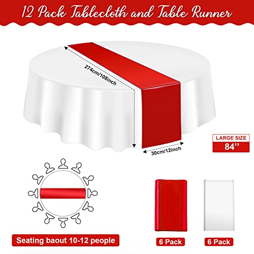Image of 12 Pack 12x108 Inch Satin Table Runner and 84 Inch Round Plastic Tablecloths Set Red and White Disposable Round Table Cover for Graduation Wedding Bridal Shower Anniversary Birthday Party Decorations