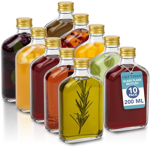 HEFTMAN Flask Botellas de Vidrio Pequeñas - Paquete de 10 Botellas de Vidrio de 200ml con Tapas, Vacías, Herméticas, Reutilizables Botella de 200ml - Perfectas para Ginebra, Vino, Vinagre, Bebidas