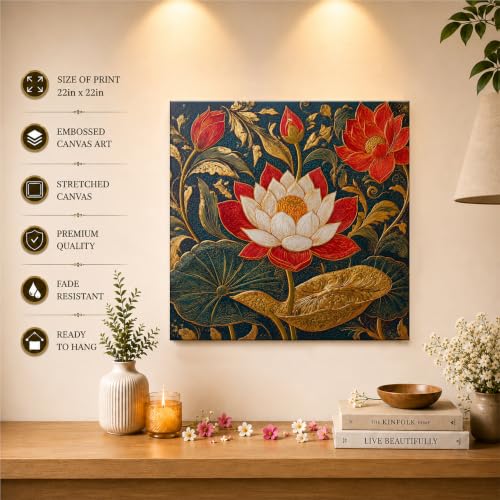 Image of PAINTINGMANTRA Traditional Indian Textured Embossed Lotus Canvas Wall Art Painting for wall decoration, Red & Gold Blooming Lotus Motifs Stretched Canvas Painting for living room, bedroom, Home and office, 22x22 Inch
