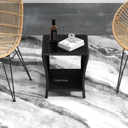 Image of Grand Living Outdoor Wicker Patio Garden Table Glass Top and Storage Shelf, Weather-Resistant for Terrace, Lawn,& Balcony (Black)