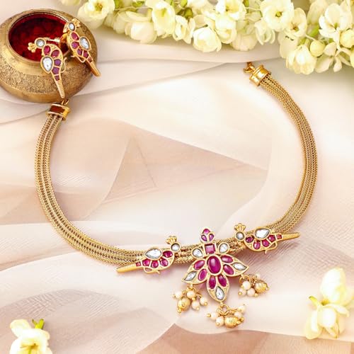 Image of Rubans Womens 22K Gold Plated Ruby Pink & Pearl Accented Jewellery Set - Ideal for Weddings & Special Occasions