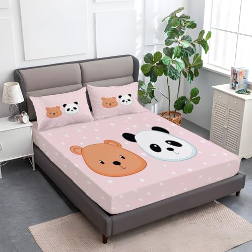 Sábana Bajera Ajustable 90 x 190 cm Patrón De Cara De Gato De Dibujos Animados, Microfibra hipoalergénica Transpirable con Estampado Sábana Bajera Ajustable para Colchón de 30cm de Altura, Rosa Claro