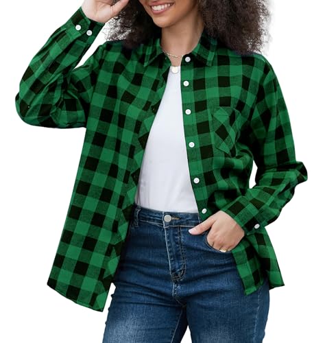SANGTREE Womens Plaid Shirt Long Sleeve Button Down Flannel Shirts for Women Green Black Plaid, Small