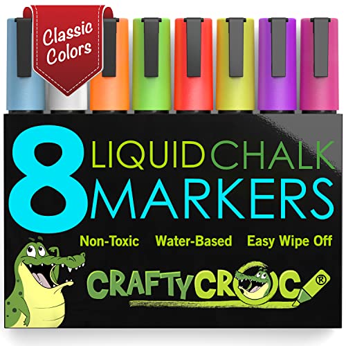 Crafty Croc Liquid Chalk Markers for Blackboards - Use as Glass Window Markers, Mirror Pens, Blackboard or Chalkboard Markers - 8 Bold Neon Colors - Wet or Dry Erase Chalk Pens for Easy Clean Up