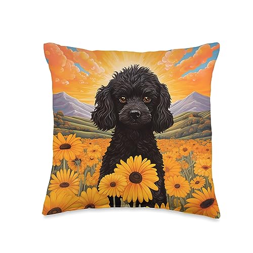 Black Poodle Gifts By J A8NKRX44EK7US_16X16 Cute Black Poodle Colorful Flower Mountain Sunset Puppy Dog Throw Pillow cover