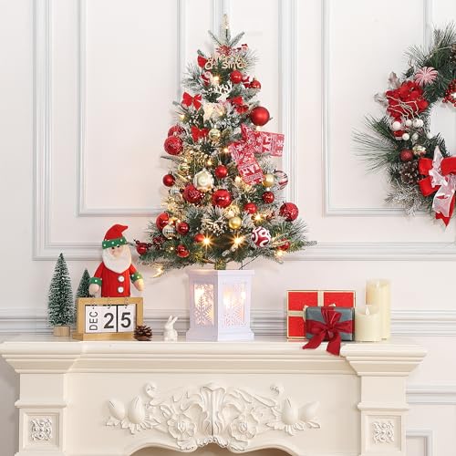 GarveeHome 3ft Small Christmas Tree Pre-Lit Artificial Christmas Tree with 78 Led Lights, Snow Flocked Xmas Tree with Brown Base, Timer Function, Battery Operated, for Home Decor