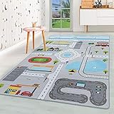  HomebyHome Alfombra infantil de pelo corto para habitación infantil, diseño de carretera, color gris, tamaño: 140 x 200 cm