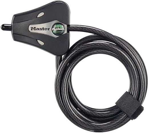 Master Lock Black Python Bike Lock with Key, Adjustable Metal Cable Lock has a Weather Resistant Vinyl Coating for Outdoor Equipment, Bicycles, Trail Cameras, 6 Feet Long, 8418D