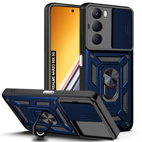 Image of AESTMO Tough Armor Realme Narzo 80X 5G Bumper Back Case Cover | Ring Holder & Sliding Camera Shield Cover | 360 Degree Protection Back Case Cover for Realme Narzo 80X 5G (Blue)