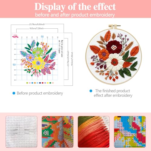 Image of Zhenqing Floral Bouquet Cross Stitch Kit for Beginners - Complete Set with Pre-Printed 11CT 24x24cm Fabric, Hoop & Threads (68993)