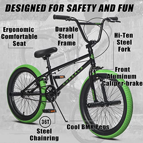Cubsala 20 Inch Kids Bmx Bike Freestyle Bicycle For 6 7 8 9 10 11 12 13 14 Years Old Boys Girls With 4 Pegs, Black & Green #TOP1