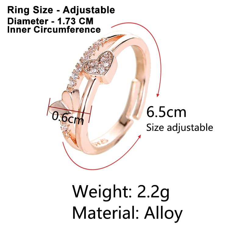 Yellow Chimes Copper Rose Gold Exclusive Valentine's Collection Love Sparkling Dual Heart Cubic Zirconia Rosegold Plated Adjustable Rings for Women and Girl 2