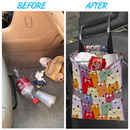 Image of Car Trash Bag Cute kitten Cats Car Garbage Bag Hanging Car Trash Can for Back Seat with Drawstring