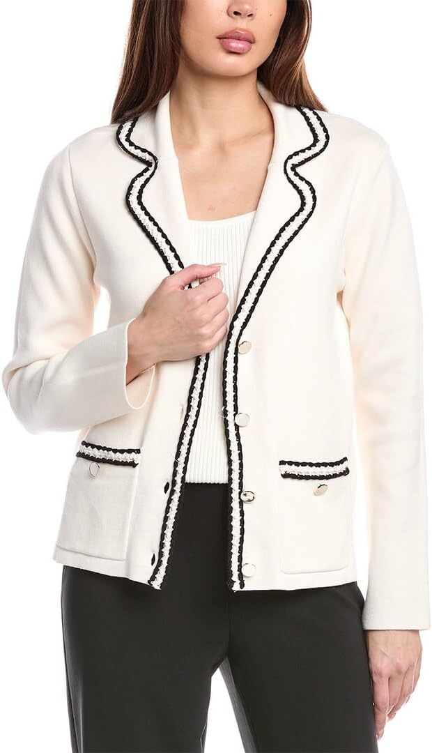 Anne Klein Womens Notch Cllr Long Blazer W. Braid Trim