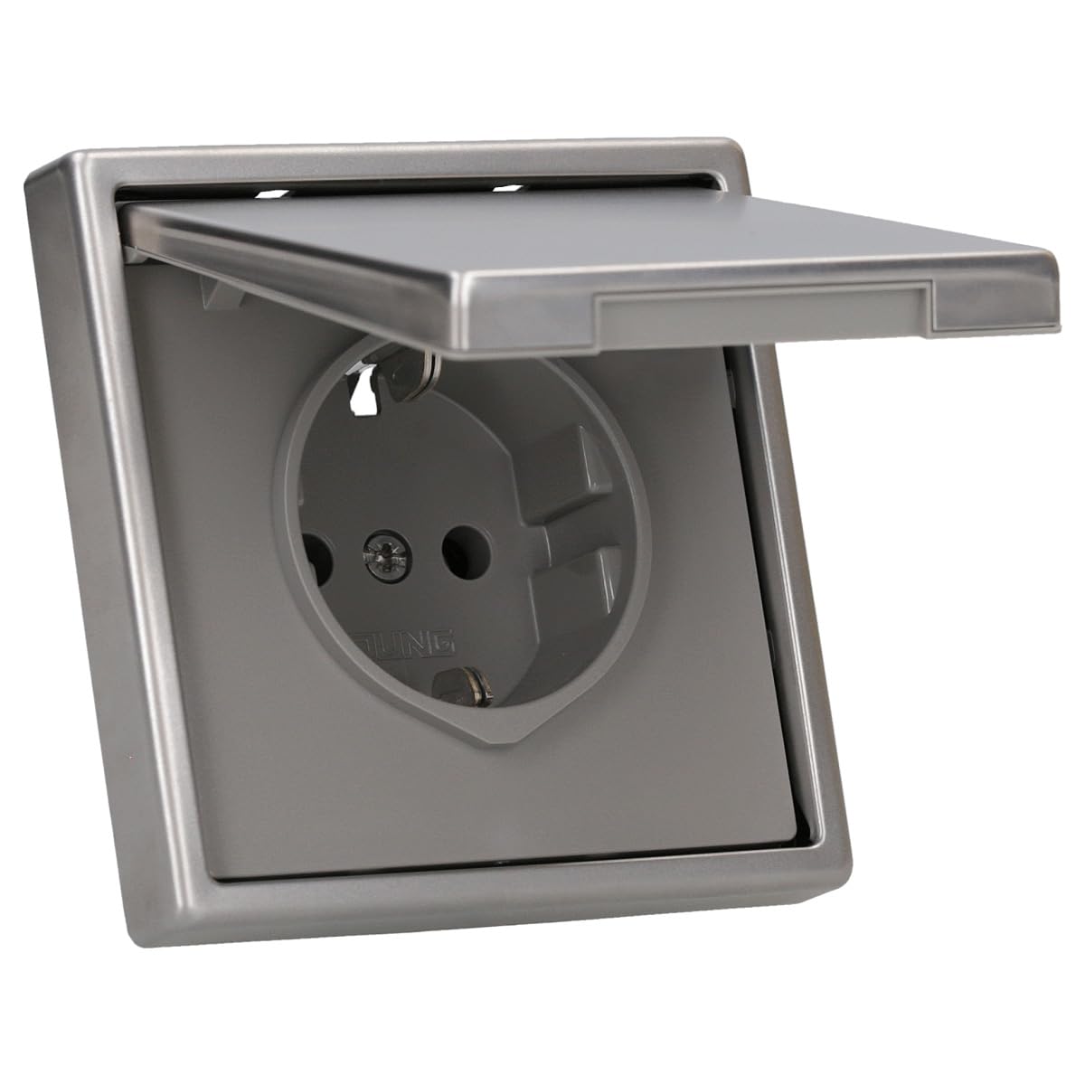 JUNG Serie LS IP44 Klappdeckelset Edelstahl 1-fach