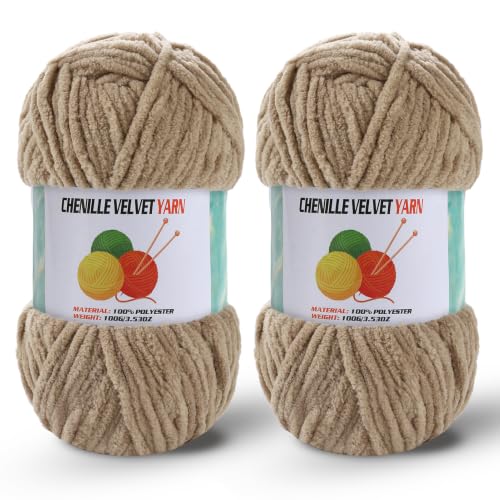 Image of 2 * 100g /3.5oz Fluffy Chenille Yarn for Crocheting, Chunky Velvet Yarn for Crochet Amigurumi, Used for Making Baby Yarns Blanket, Clothes, Pattern Knitting Creations (Khaki)